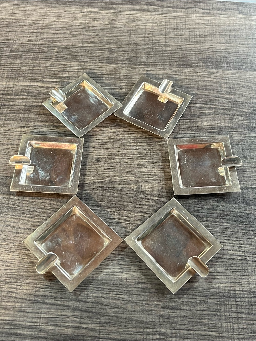 Set of 6- 950 Sterling Art Deco Ashtrays. Stamped “Sterling 950”